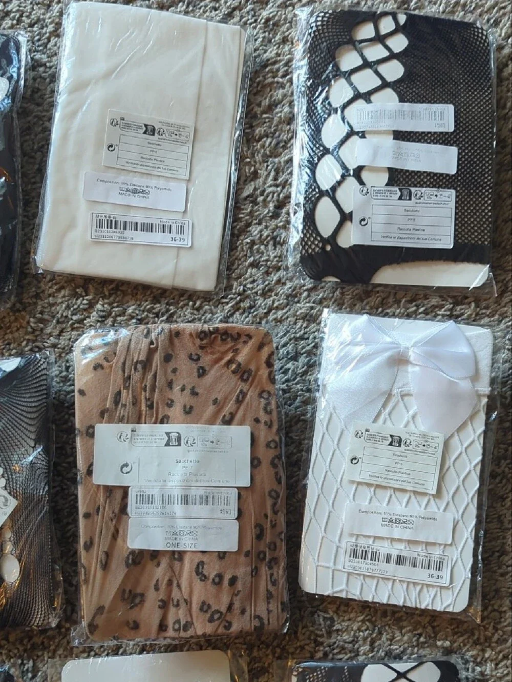 12 Pairs of Mixed Patterned Tights and Hosiery - Black, White, Beige